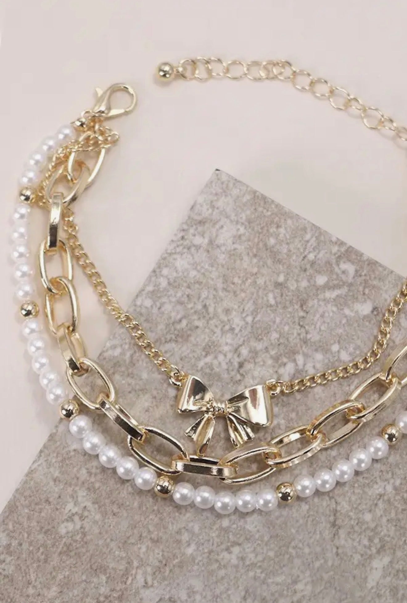 Bow Pearl Link Trio Set Bracelet